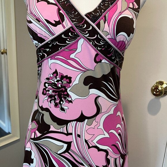 Tahari Arthur S. Levine Pink & Brown Sleeveless Floral Midi Dress, Size 2 - Picture 3 of 16